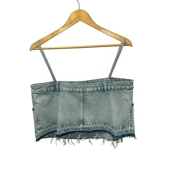 ZARA Denim Jean Cropped Pants Top Spaghetti Straps Size Large Bloggers Blue Wash - Picture 9 of 9